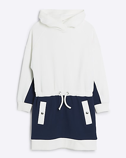 Girls Cream Colour Block Hooded Jumper Dress