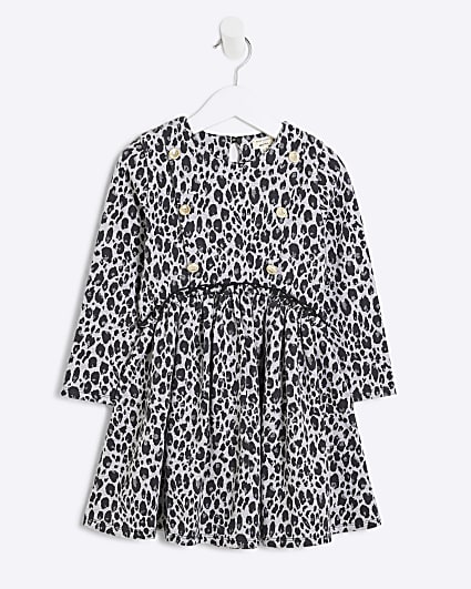 Mini Girls Grey Leopard Smock Dress