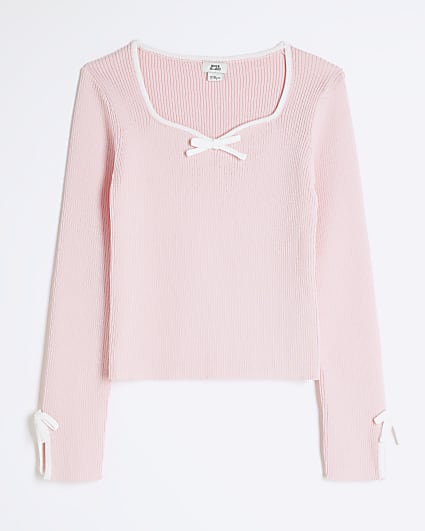 Girl Pink Bow Tipped Long Sleeve Rib Top