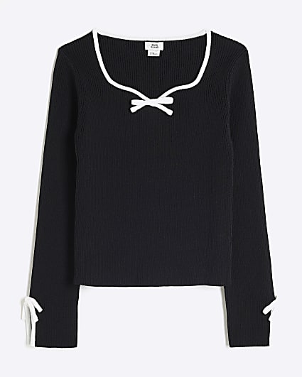 Girls Black Bow Tipped Long Sleeve Ribbed Top