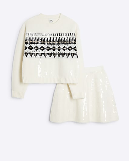 Girls Cream Sequin Fair isle Skirt Set