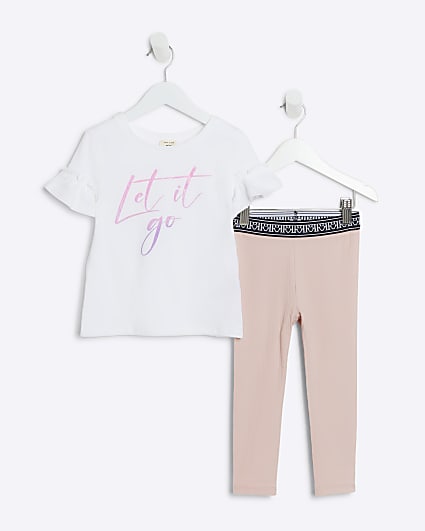 Mini girls white let it go print t-shirt set