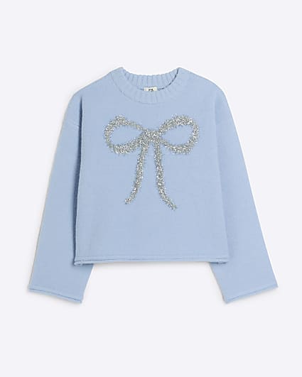 Girls Blue Tinsel Bow Jumper