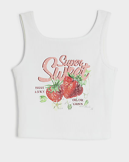 Girls white strawberry graphic tank top