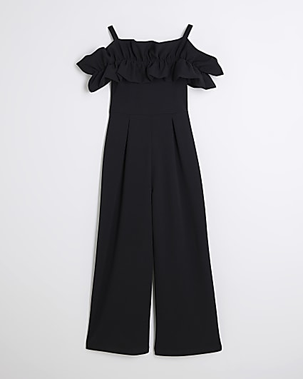 Girls Black Scuba Ruffle Jumpsuit