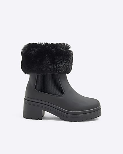 Girls Black Fur Cuff Heel Boots