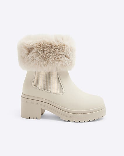 Girls Cream Fur Cuff Heel Boots