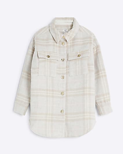 Girls Cream Brushed Check Shacket