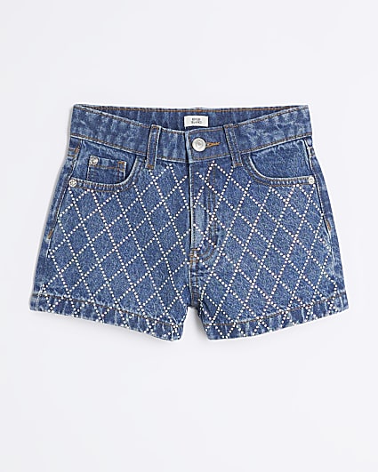 Girls Blue Denim Diamante Mom Shorts