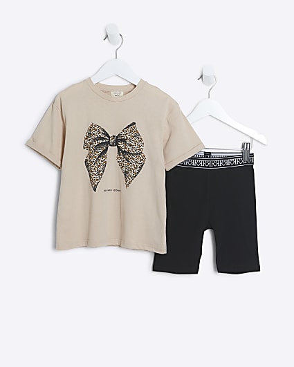 Mini girls beige leopard bow t-shirt set