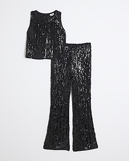 Girls Black Sequin Vest And Trousers Set