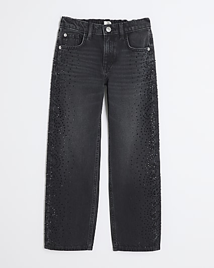 Girls Black Embellished Straight Leg Jeans