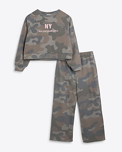 Girls Khaki Camo NY Graphic Sweatshirt Set