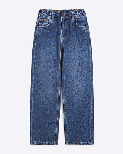 Girls Blue Denim Leopard Diamante Jeans