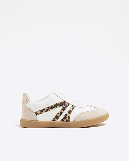 Girls White Leopard Lace up Trainers