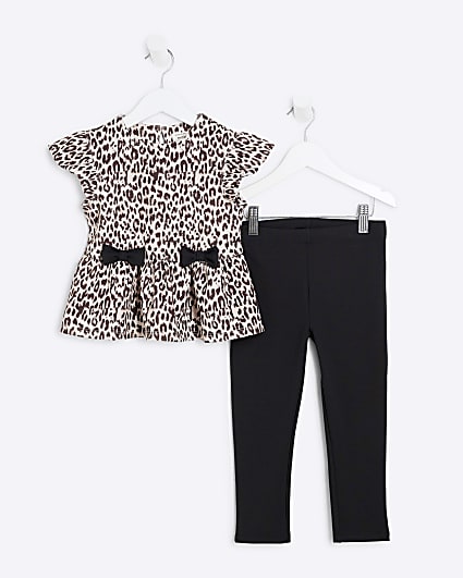 Mini Girls Black Scuba Leopard Bow Peplum Set