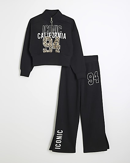 Girls Black Half Zip Leopard Sweatshirt Set