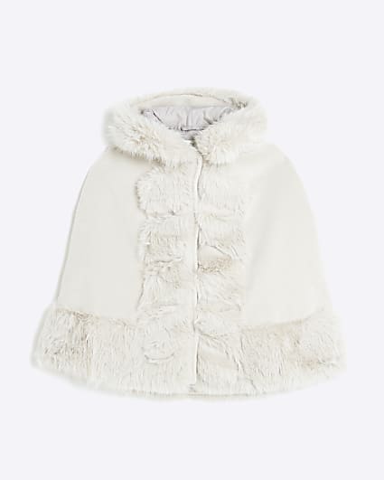 Girls Cream Faux Fur Trim Cape