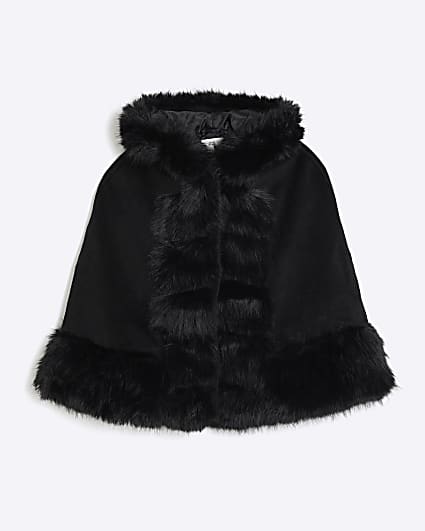 Girls Black Faux Fur Trim Cape