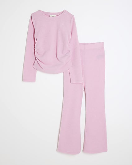 Girls Pink Cosy Top and Flare Trousers Set