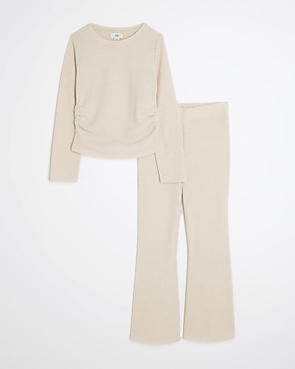 Girls Cream Cosy Top and Flare Trousers Set