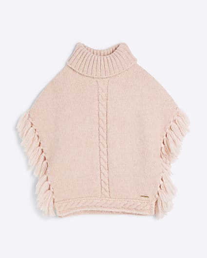 Girls Pink Knitted Tassel Poncho