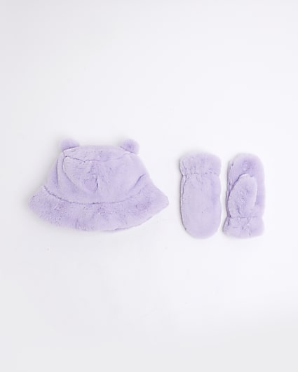 Mini Girls Purple Faux Fur Bucket Hat Set