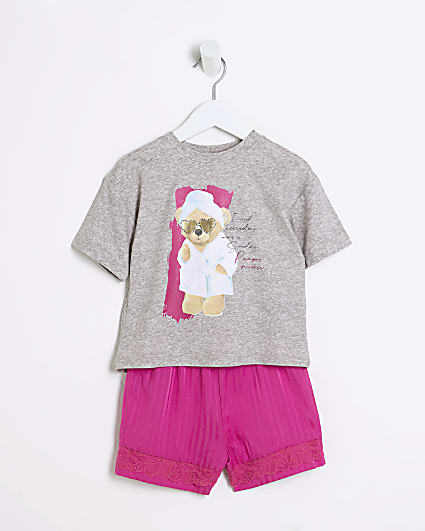 Mini Girls Pink Satin Mix Teddy Pyjamas Set