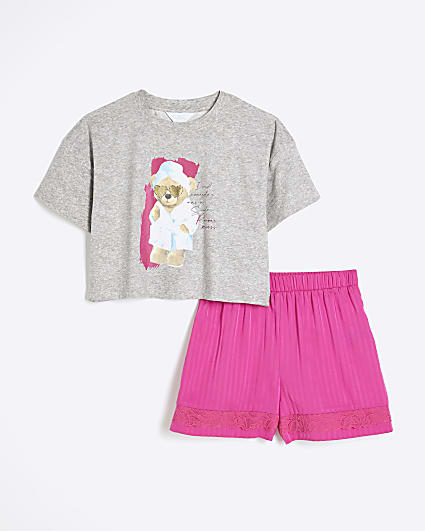 Girls Pink Satin Mix Teddy Pyjamas Set