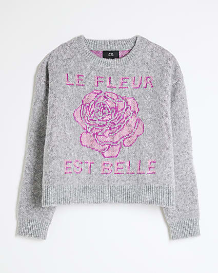 Girls Grey Rose Graphic Jumper