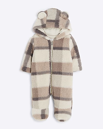 Baby Beige Borg Checked Pramsuit