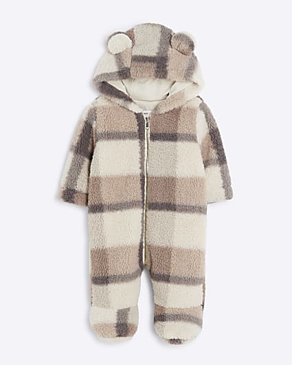 Baby Unisex Beige Borg Checked Pramsuit