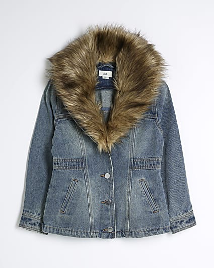 Girls Denim Faux Fur Collar Jacket