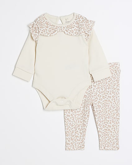 Baby Girls Ecru Leopard Bow Babygrow Set