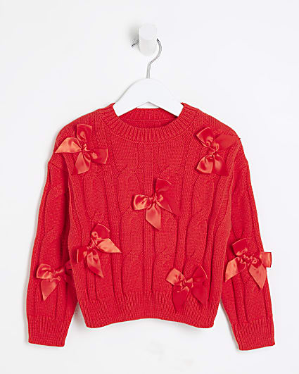 Mini Girls Red Cable Knit Bow Jumper