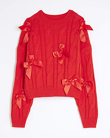 Girls Red Cable Knit Bow Jumper