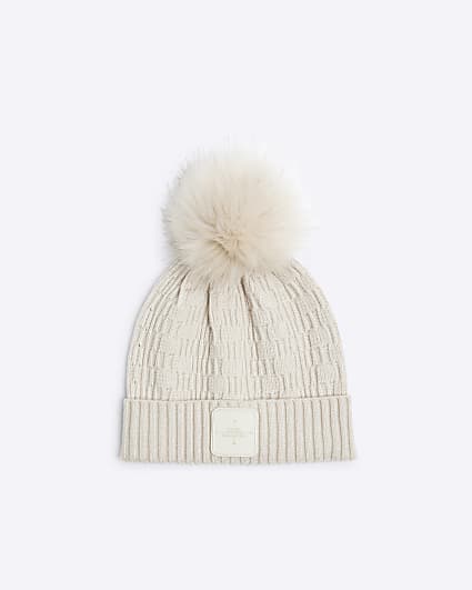 Boys Beige Pom Pom Beanie Hat