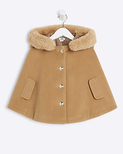 Mini Girls Beige Faux Fur Hooded Cape