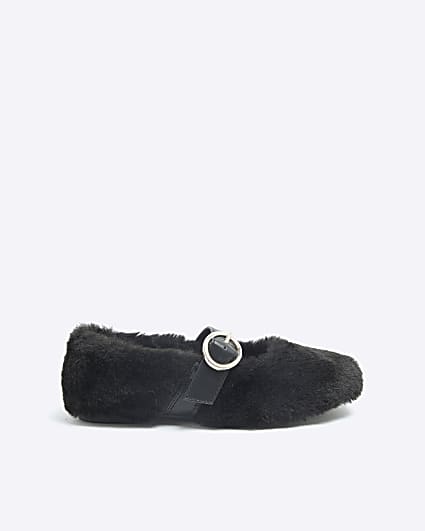 Girls Black Faux Fur Ballet Slippers