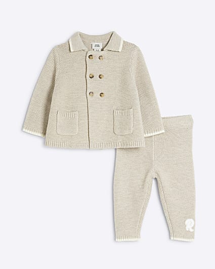 Baby Beige Knitted Button Cardigan Set