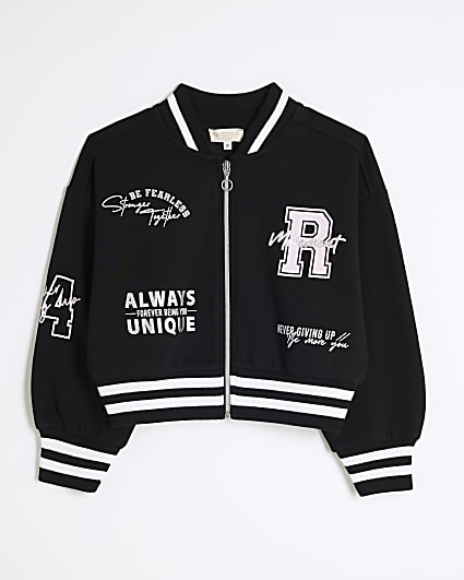 Girls Black Graphical Bomber Jacket