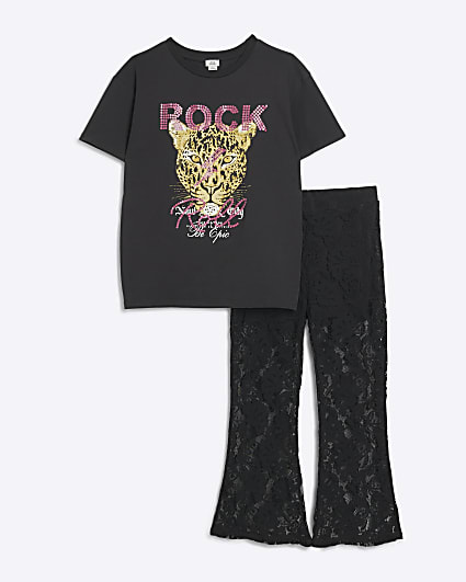 Girls black t-shirt and lace trousers set