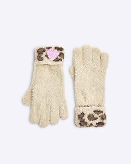 Girls Beige Leopard Print Gloves