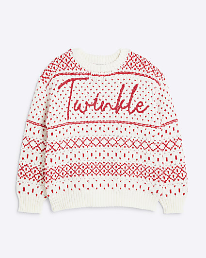 Girls Red Christmas Twinkle Fairisle Jumper