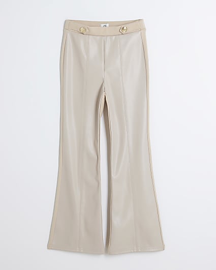 Girls Beige Faux Leather Kickflare Trousers