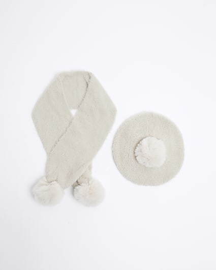 Mini Girls Beige Pom Pom Beret And Scarf Set