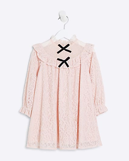 Mini Girls Pink Lace Long Sleeve Smock Dress