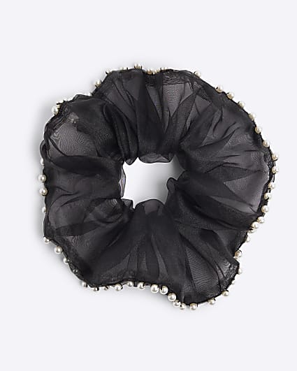 Girls black pearl trim hair scrunchie