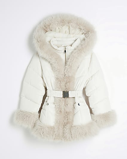 Girls Cream Faux Fur Belted Snow Coat