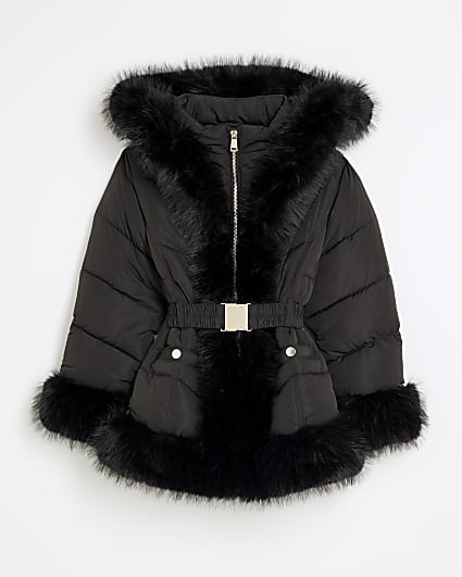 Girls Black Faux Fur Collared Puffer Coat